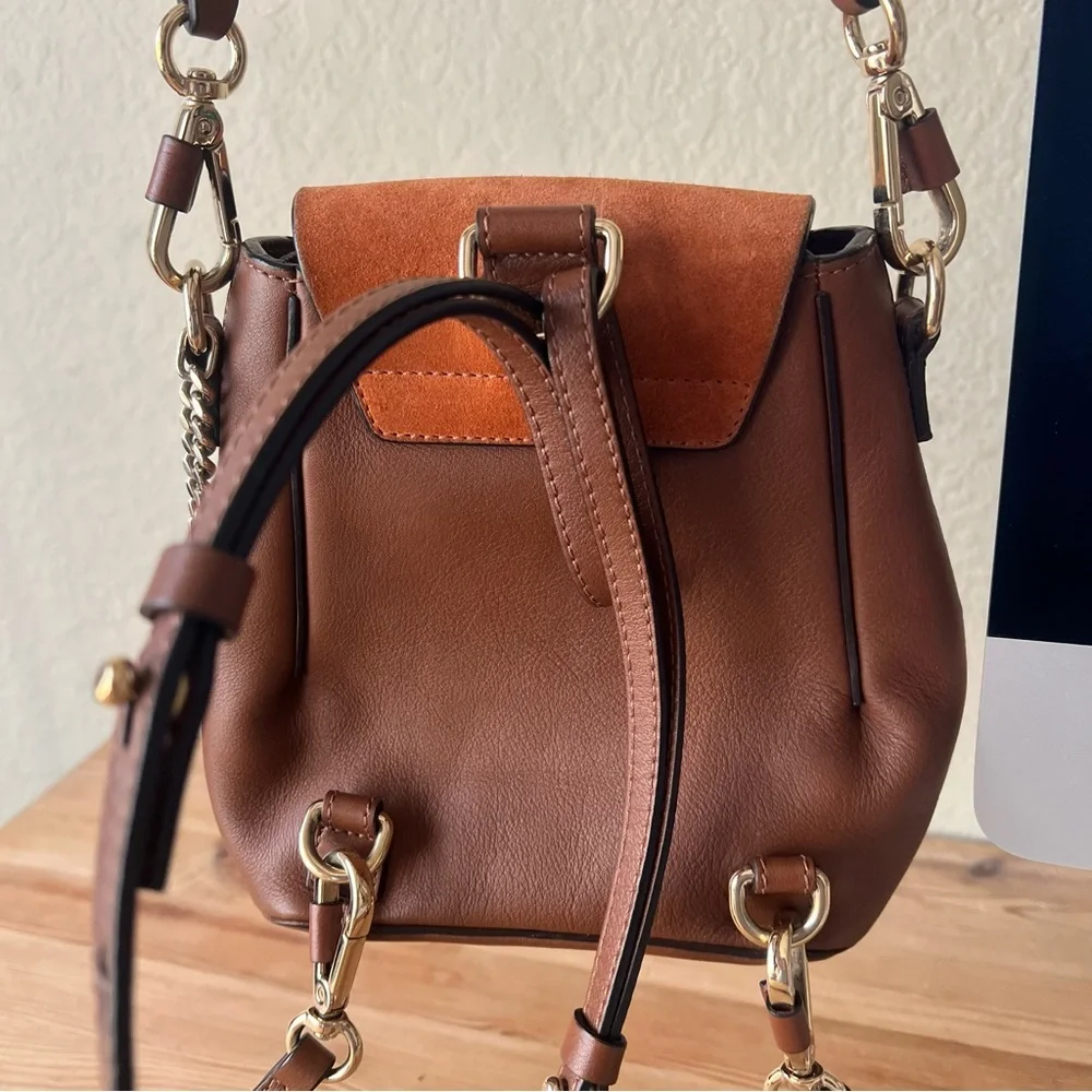 Chloe Faye Mini Backpack Tobacco Brown Suede Leather Gold Circle Hardware - Picture 7 of 15